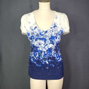 Anthropologie Floral Blue and White Women's Top